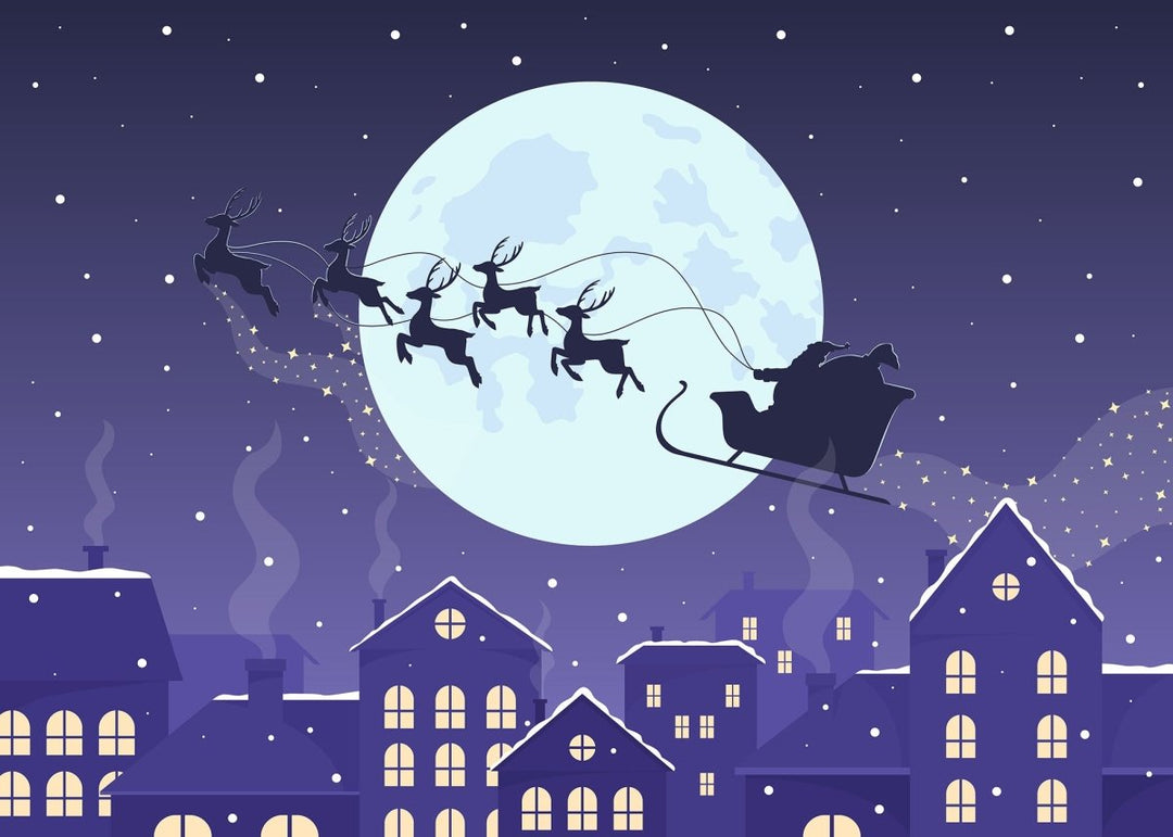 Santa sled silhouette above night cityscape flat color vector illustration