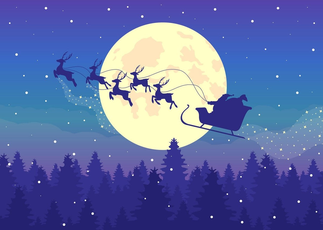 Santa sleigh with reindeers silhouette on night sky flat color vector illustration