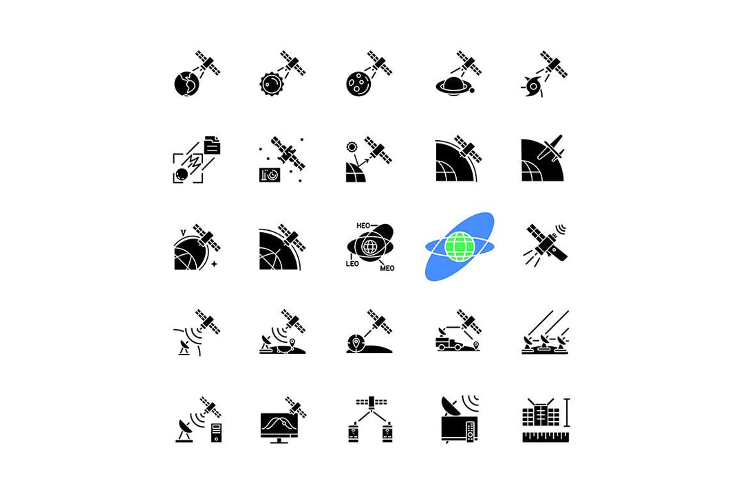 Satellites types black glyph icons set on white space