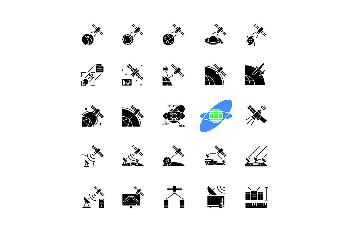 Satellites types black glyph icons set on white space