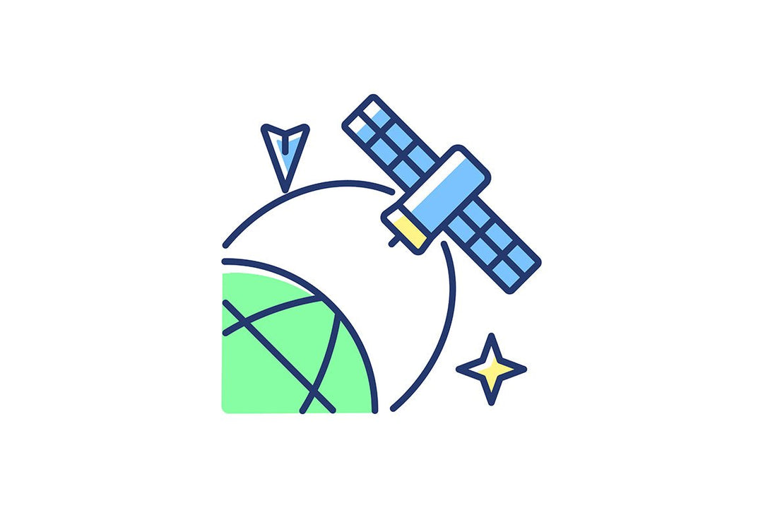 Satellites types green, blue RGB color icons set