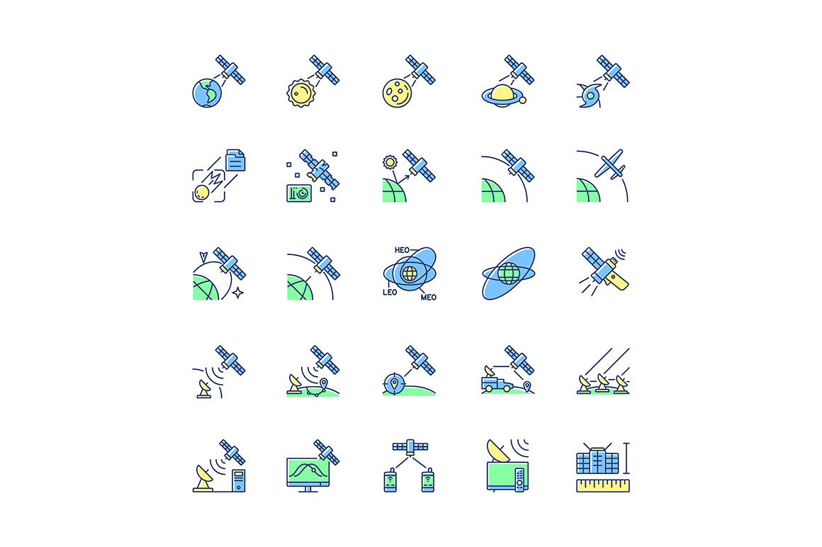 Satellites types green, blue RGB color icons set
