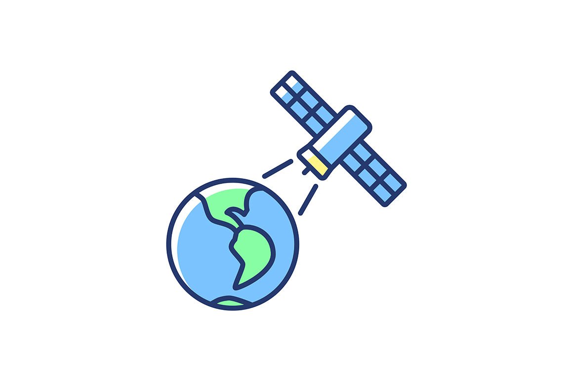 Satellites types green, blue RGB color icons set