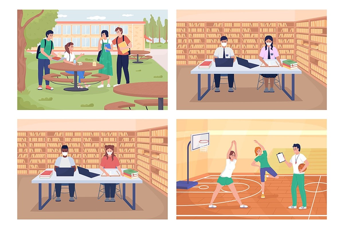 School activities flat color vector illustration set