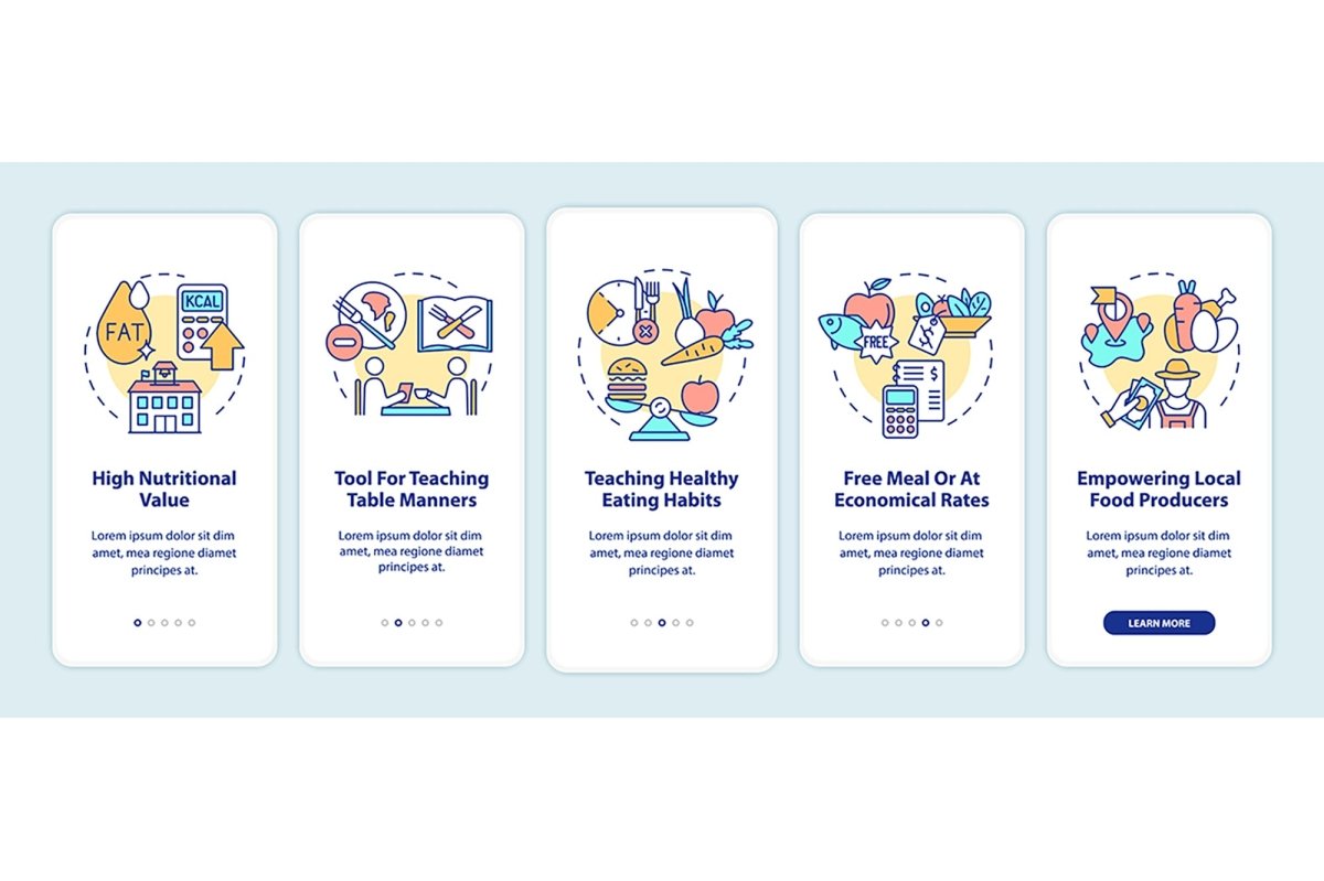 School meal onboarding mobile app page screen set