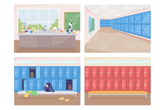 School rooms flat color vector illustration set