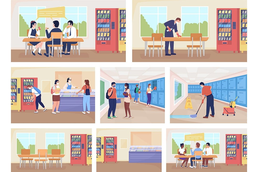 School rooms flat color vector illustration set