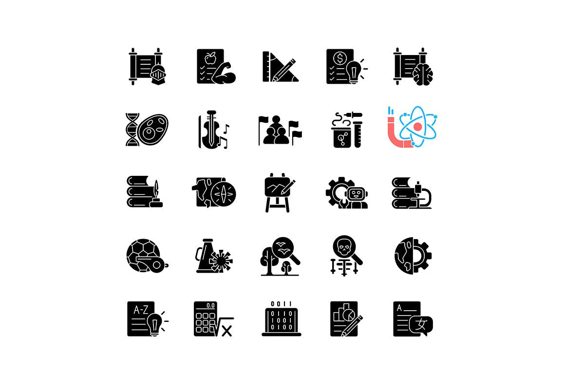 School subjects black glyph icons set on white space