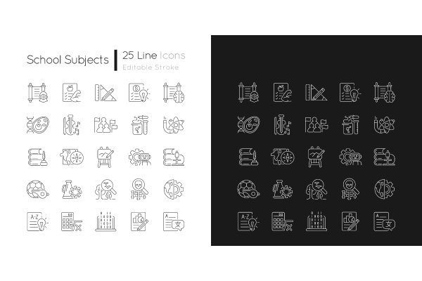 School subjects linear icons set for dark and light mode. Editable Stroke