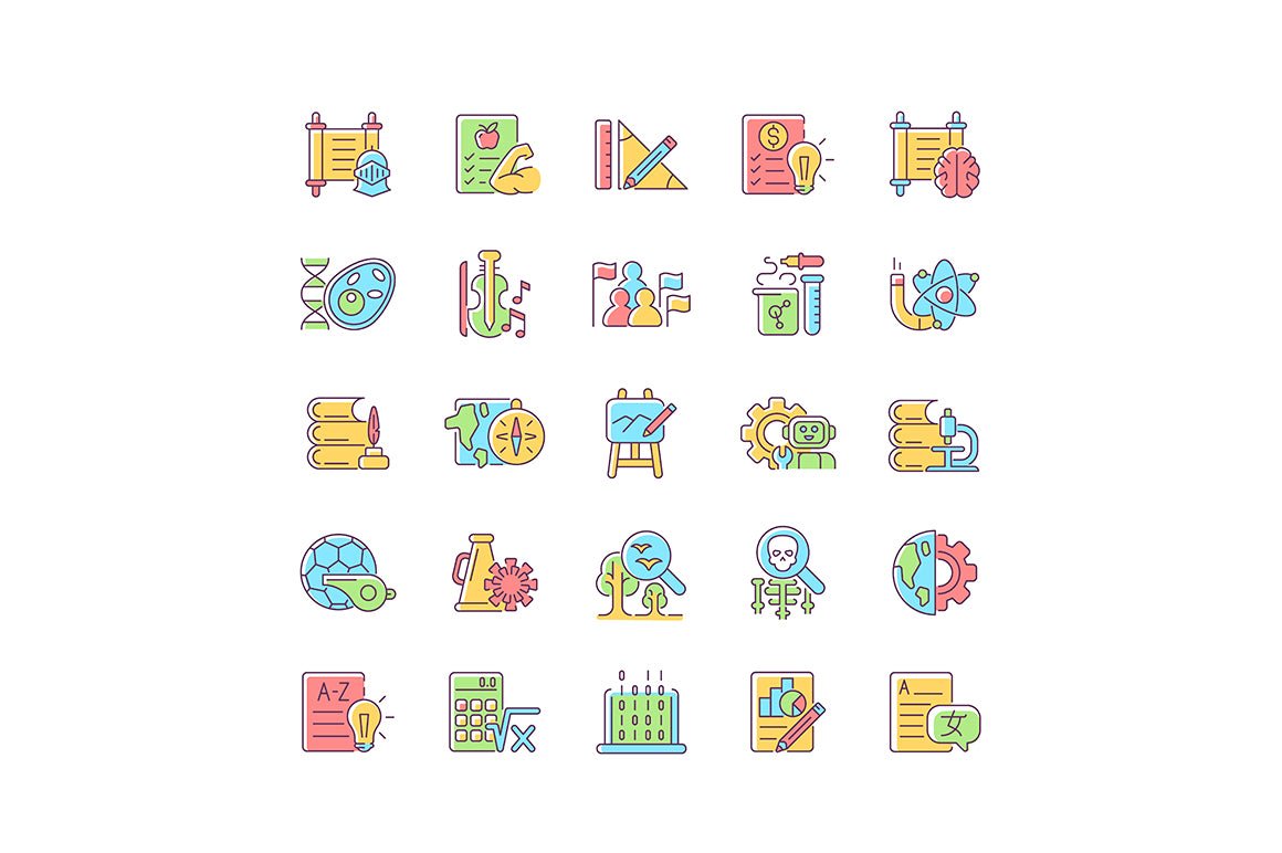School subjects RGB color icons set