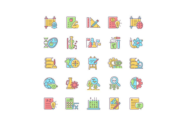 School subjects RGB color icons set