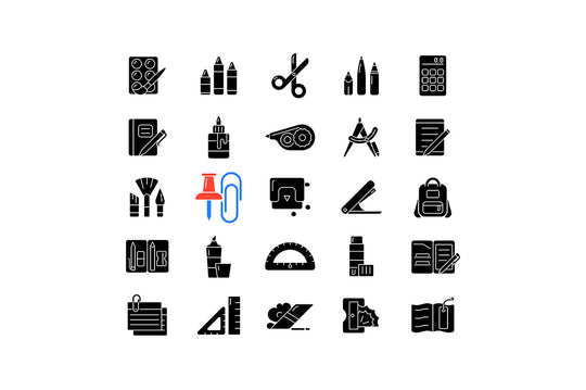 School supplies black glyph icons set on white space