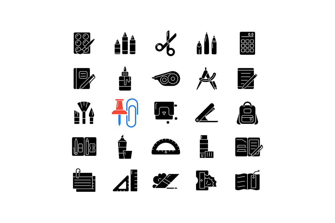 School supplies black glyph icons set on white space