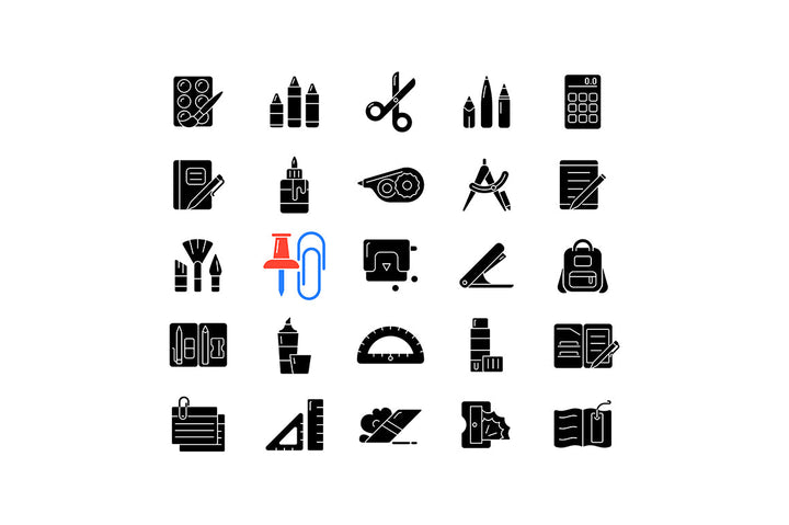 School supplies black glyph icons set on white space