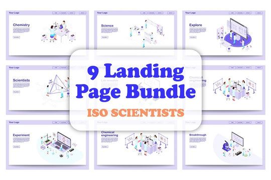 Scientific exploration isometric landing page template bundle