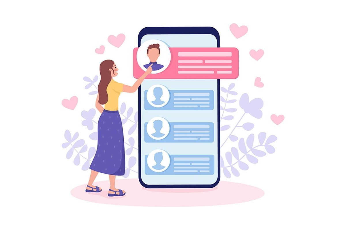 Select potential mates on dating app flat concept vector illustrations set