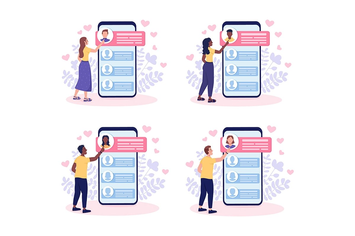 Select potential mates on dating app flat concept vector illustrations set