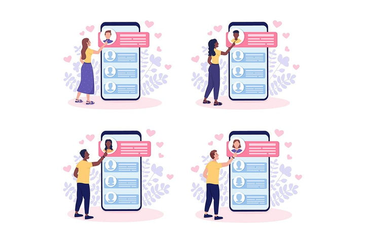 Select potential mates on dating app flat concept vector illustrations set