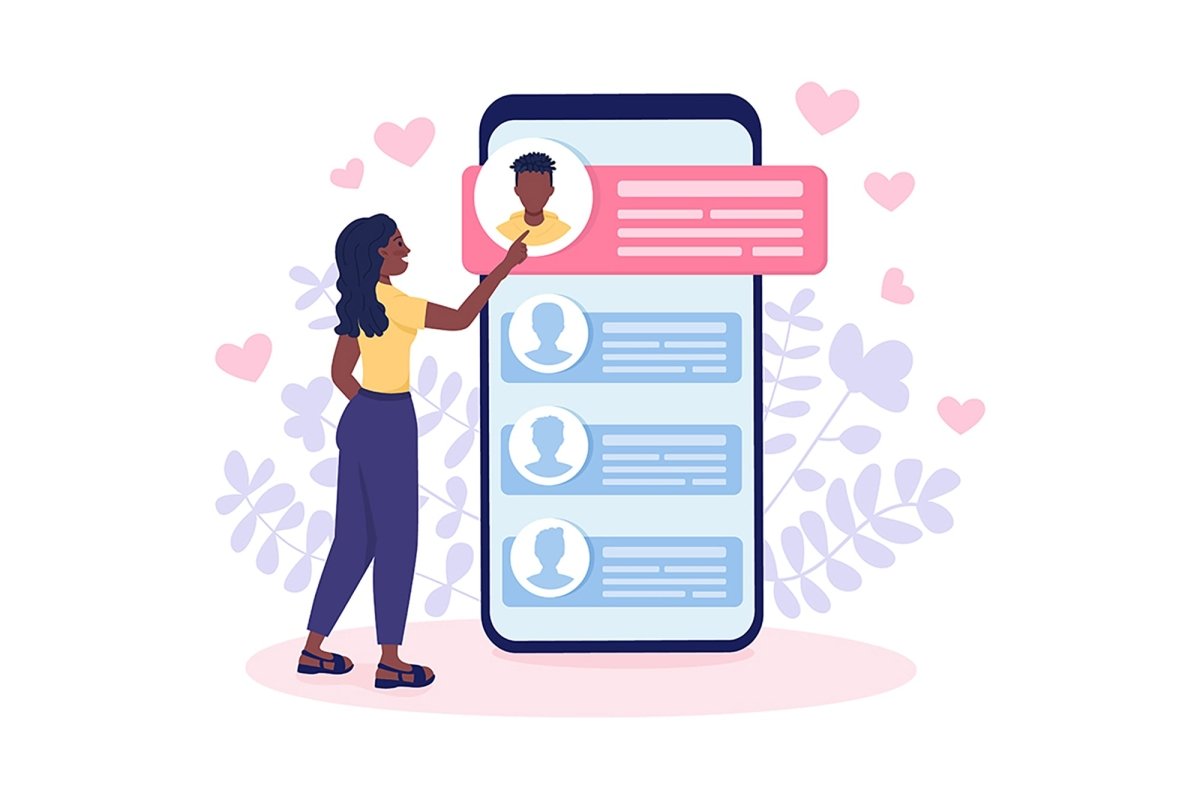 Select potential mates on dating app flat concept vector illustrations set