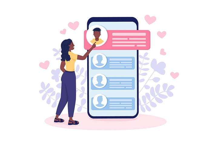 Select potential mates on dating app flat concept vector illustrations set