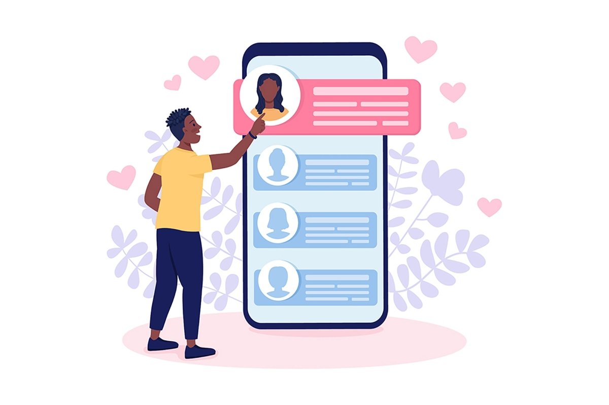 Select potential mates on dating app flat concept vector illustrations set