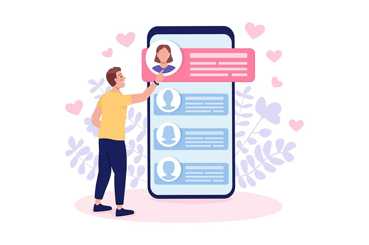 Select potential mates on dating app flat concept vector illustrations set