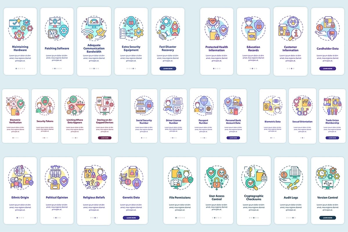 Sensitive information onboarding mobile app screen set