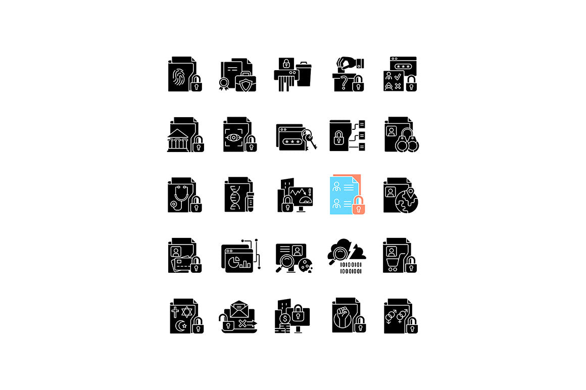 Sensitive information types black glyph icons set on white space