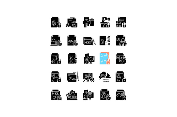 Sensitive information types black glyph icons set on white space