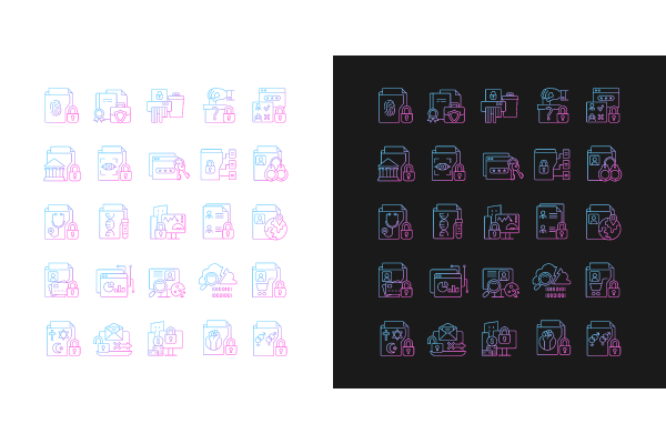 Sensitive information types gradient icons set for dark and light mode