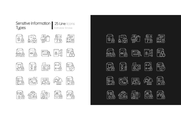 Sensitive information types linear icons set for dark and light mode