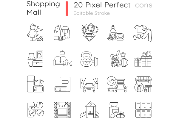 Shopping mall categories pixel perfect linear icons set
