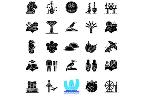 Singapore national symbols black glyph icons set