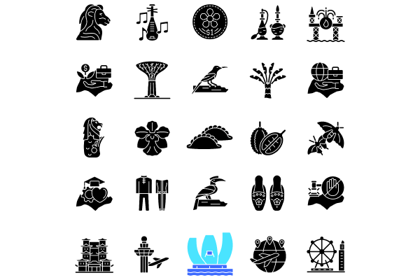 Singapore national symbols black glyph icons set