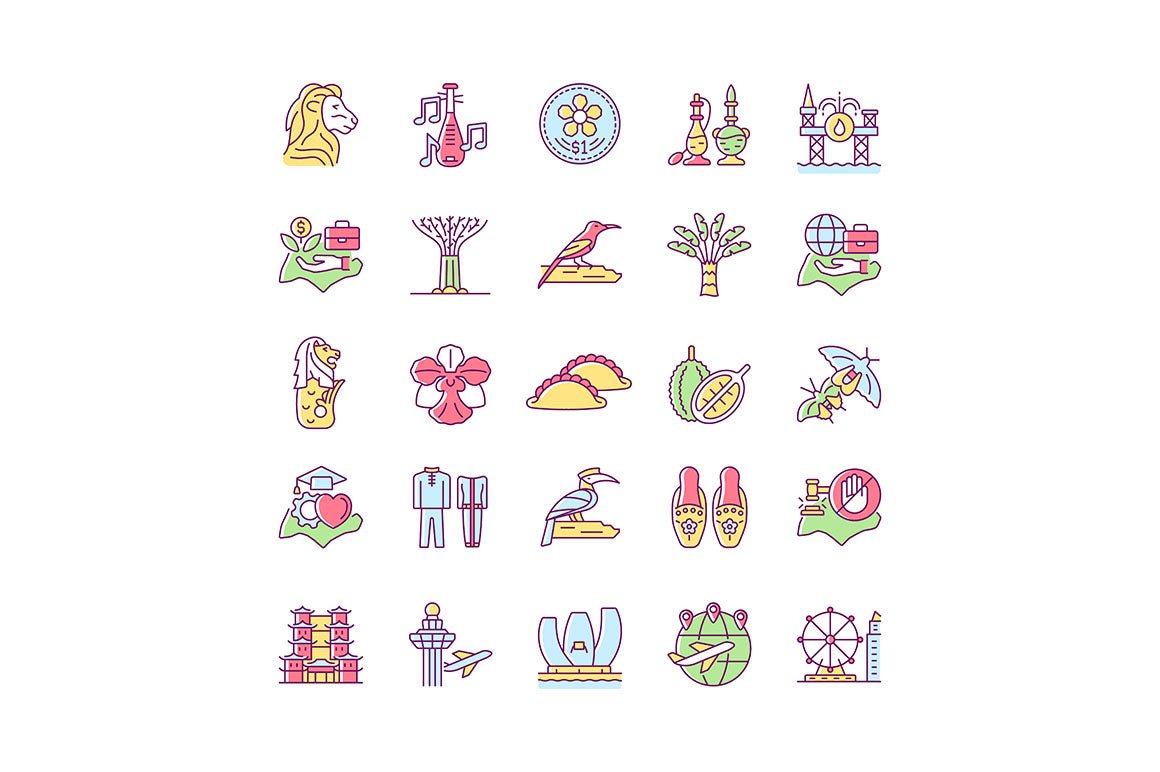 Singapore national symbols RGB color icons set