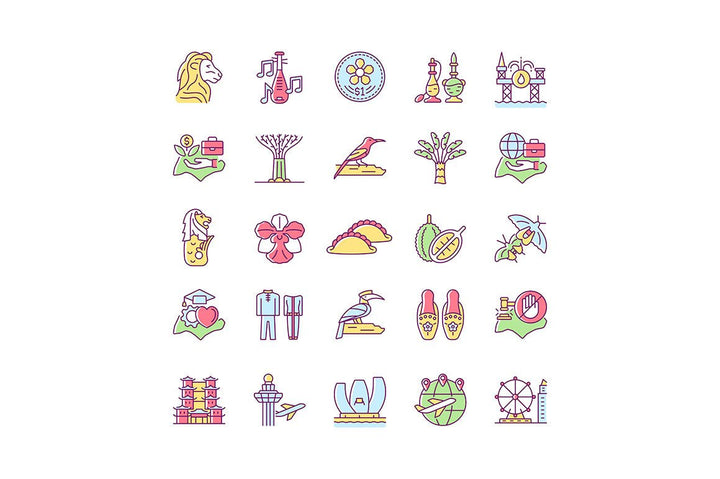 Singapore national symbols RGB color icons set