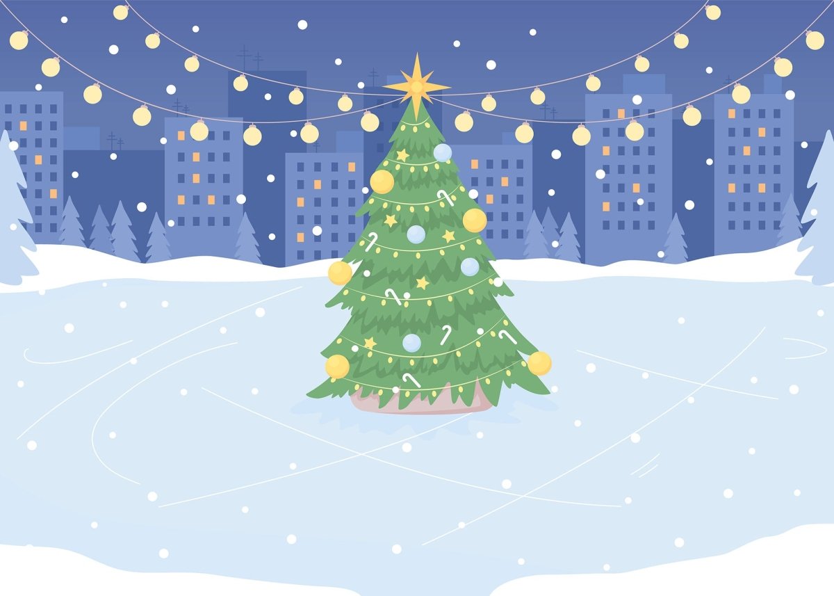 Skating rink decorating for New Year flat color vector illustration
