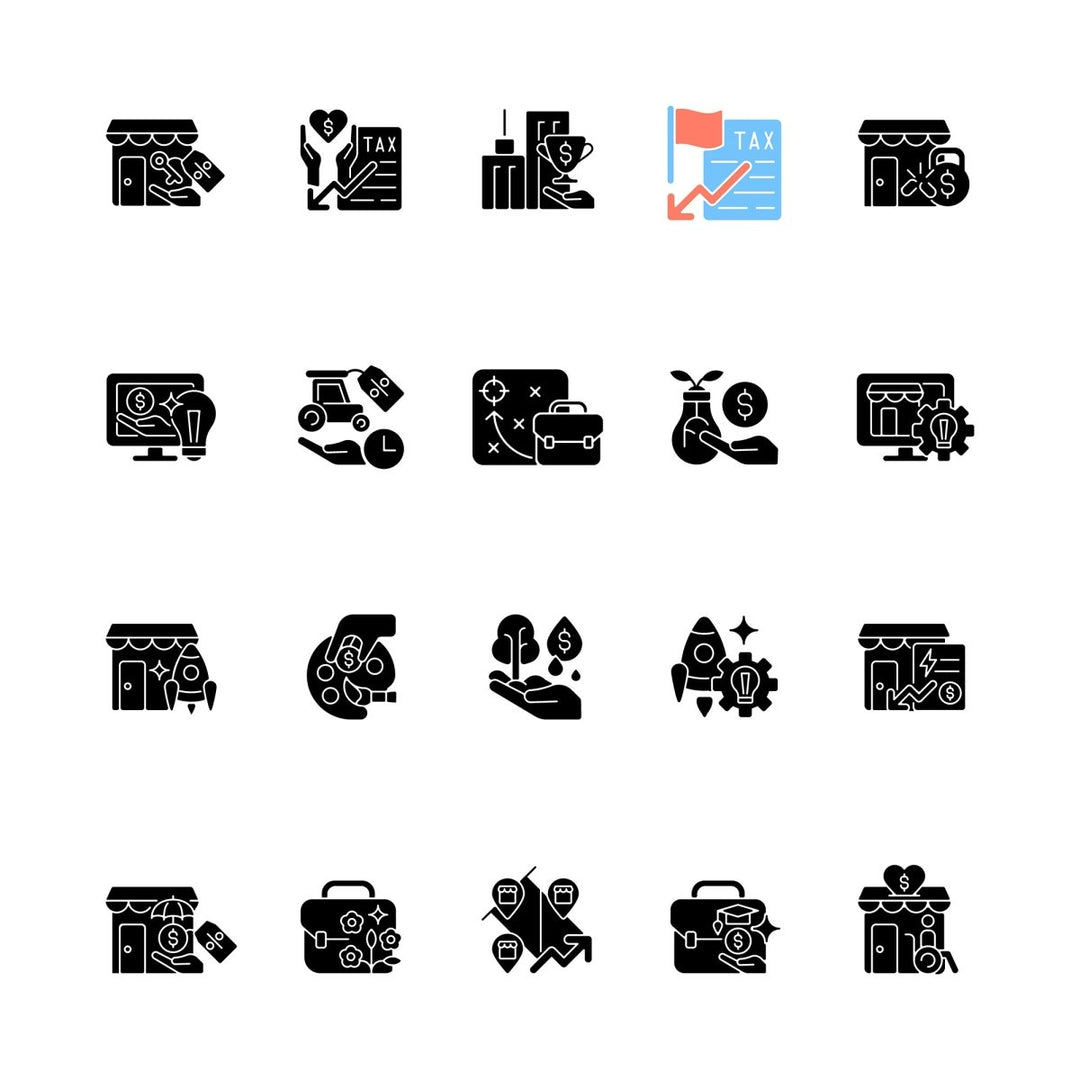 Small business incentives black glyph icons set on white space