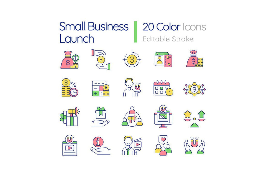 Small business launch RGB color icons bundle