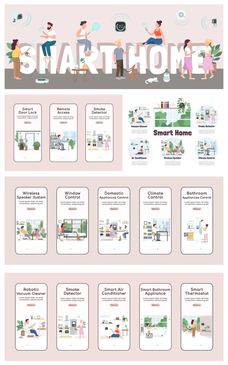 Smart home flat color vector informational template set