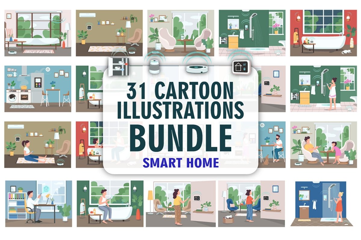 Smart home technology flat color vector illustrations bundle
