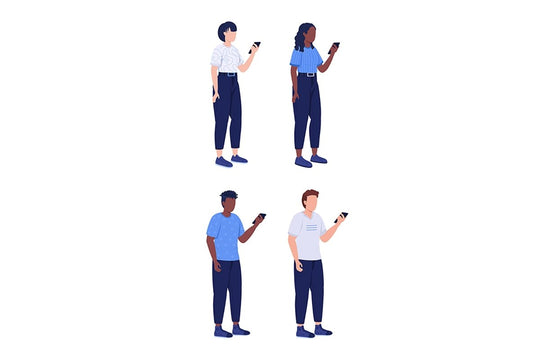 Smartphone addiction semi flat color vector characters set