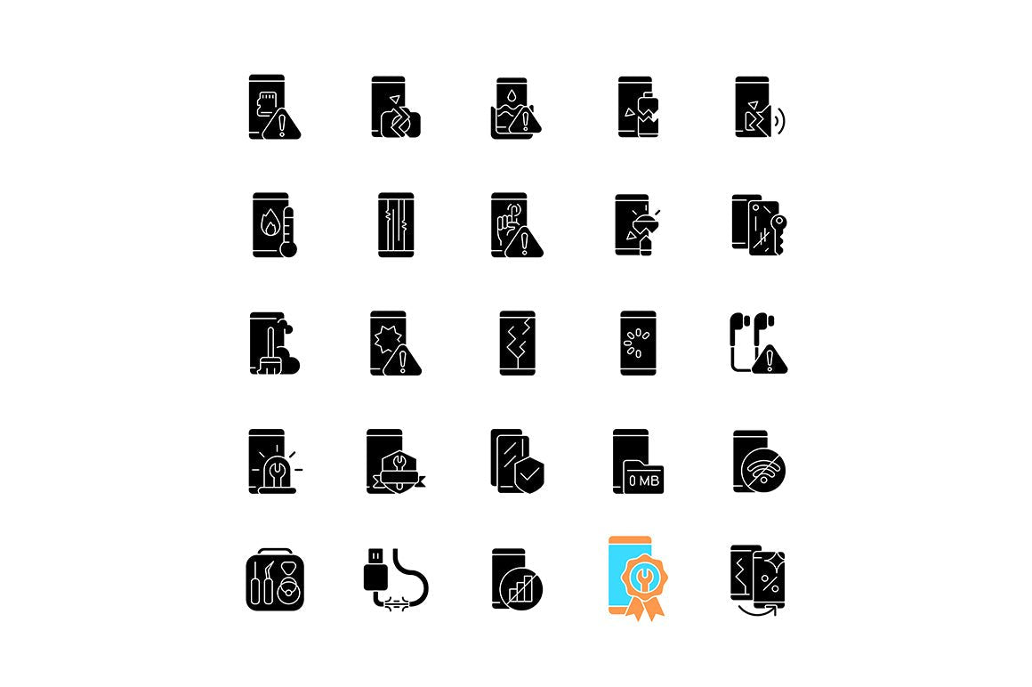 Smartphone repair black glyph icons set on white space