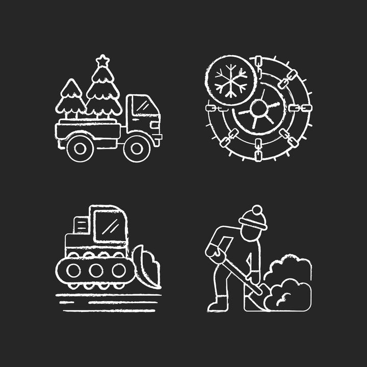 Snow removing services chalk white icons set on black background
