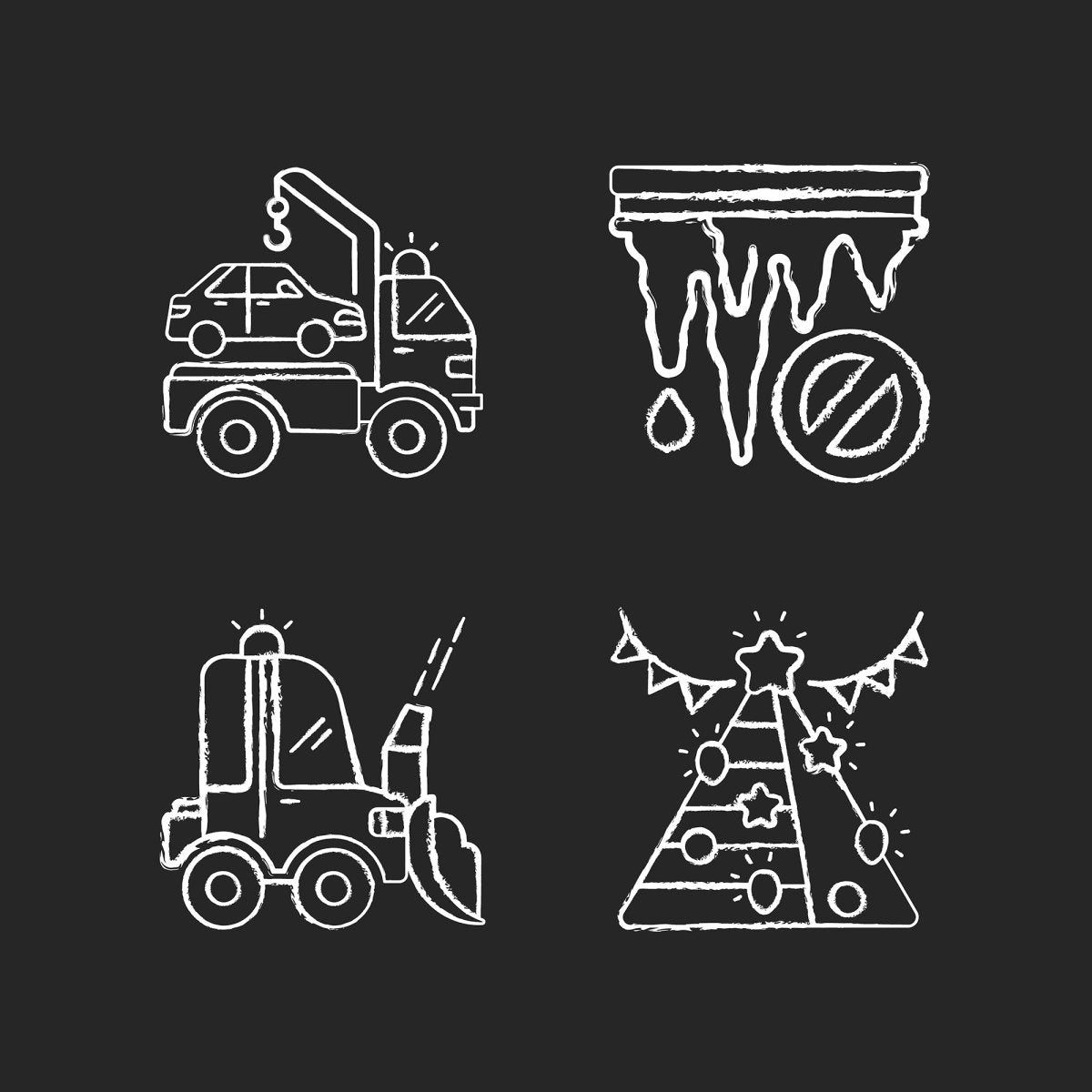 Snow removing services chalk white icons set on black background