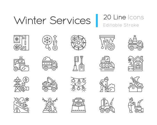 Snow removing services linear icons set