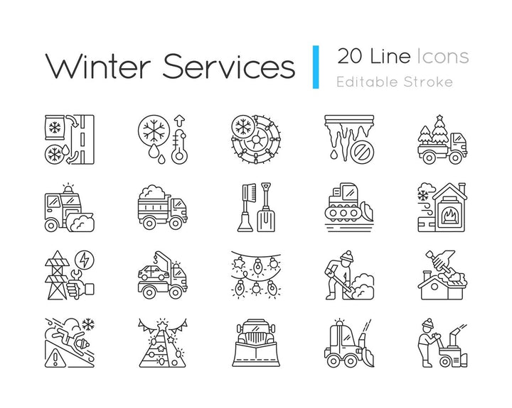 Snow removing services linear icons set