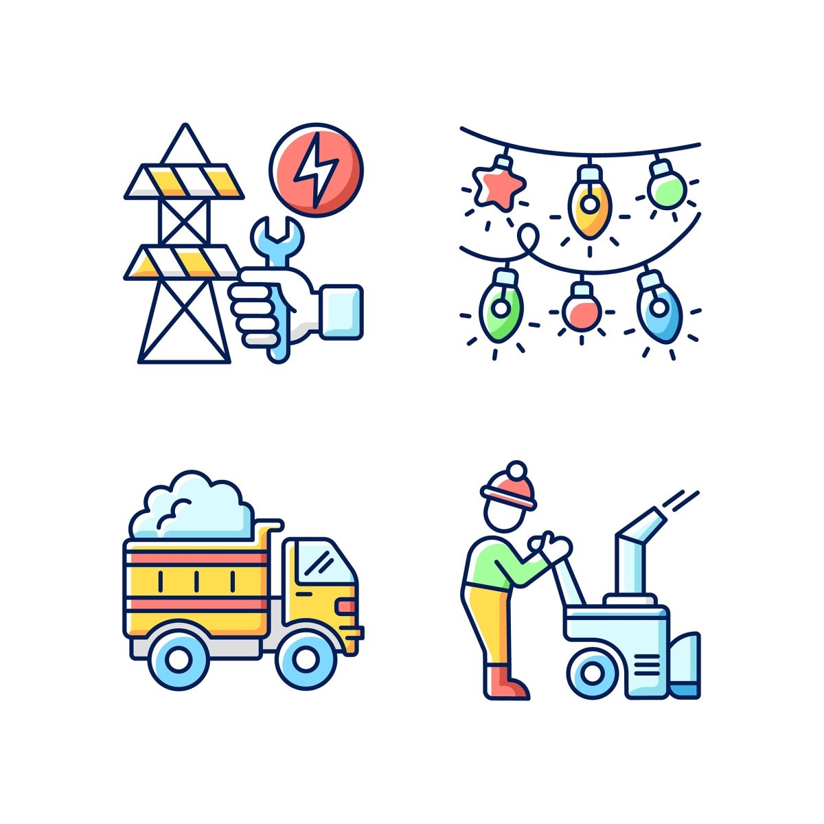 Snow removing services RGB color icons set