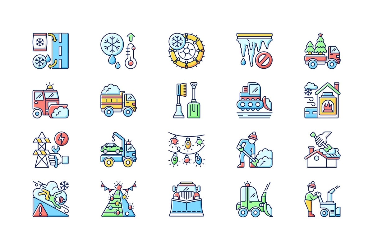 Snow removing services RGB color icons set
