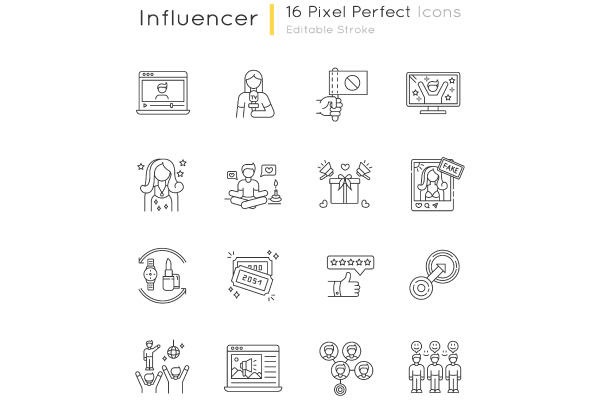 Social media promotion pixel perfect linear icons set